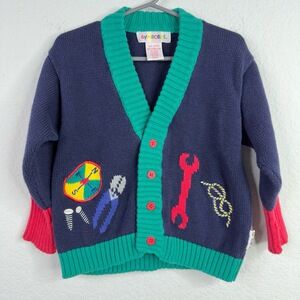 Gymboree Sweater‎ S VTG Blue Embroidered 90s Daddy's Little Helper Tool Cardigan